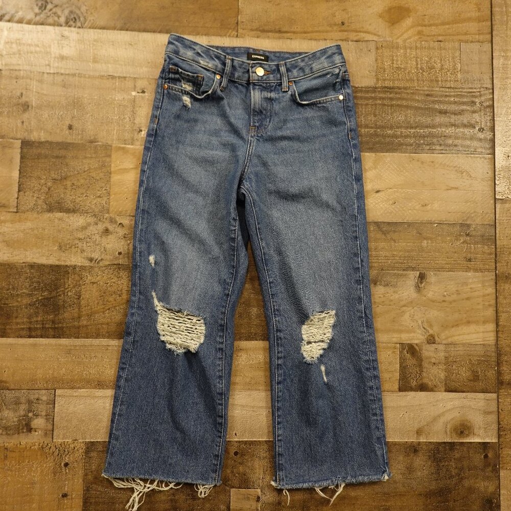 Express 90s Ankle Boot Jeans Women’s 00 Short Blue Distressed Raw Hem Denim